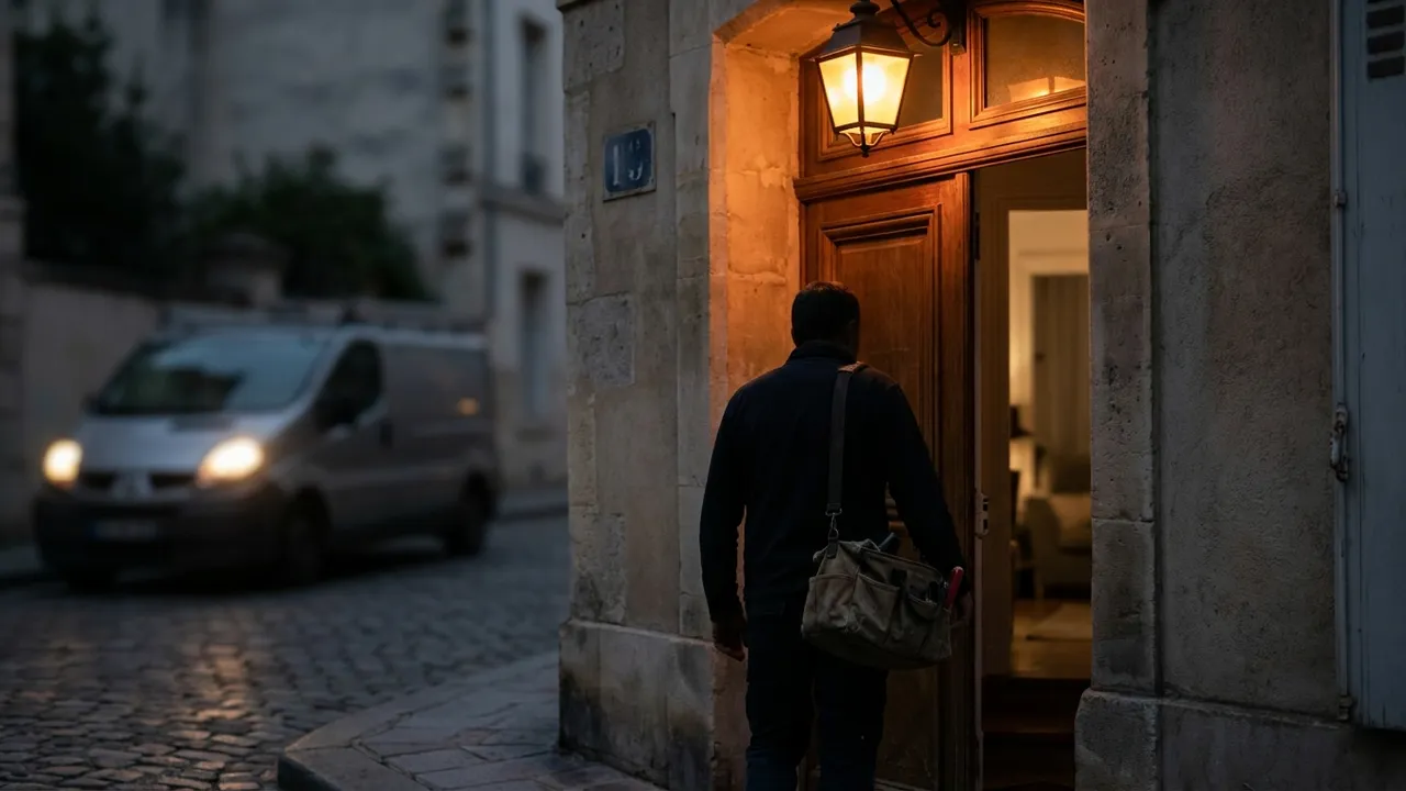 Plombier intervenant de nuit sur une fuite d'eau à Ville-d'Avray